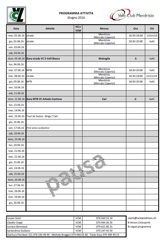 Programma allenamenti scolari Giugno 2016